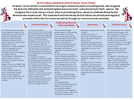 British Values Statement 2015-St James’ Junior School St James’ Junior School is committed to serving its community and surrounding areas. We recognise.