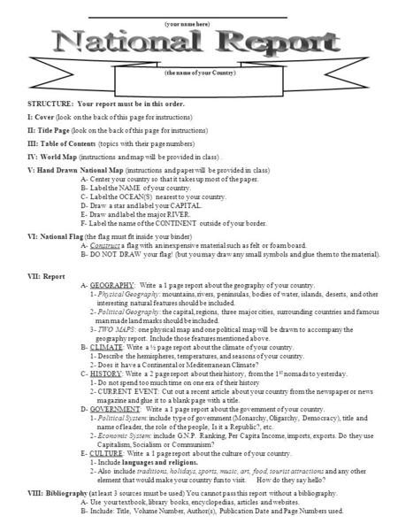 (your name here) (the name of your Country) STRUCTURE: Your report must be in this order. I: Cover (look on the back of this page for instructions) II: