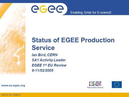 INFSO-RI-508833 Enabling Grids for E-sciencE www.eu-egee.org Status of EGEE Production Service Ian Bird, CERN SA1 Activity Leader EGEE 1 st EU Review 9-11/02/2005.