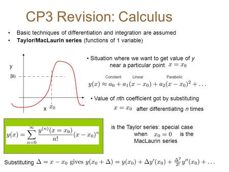 CP3 Revision: Calculus Basic techniques of differentiation and integration are assumed Taylor/MacLaurin series (functions of 1 variable) x y Situation.