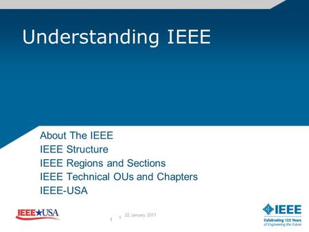 1 Understanding IEEE About The IEEE IEEE Structure IEEE Regions and Sections IEEE Technical OUs and Chapters IEEE-USA 1 22 January 2011.