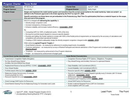 Lead FromThe Front Texas Nodal April 27 th, 2006 – Nodal Program Charter v0.9.5 1 (incorporating Steering Board & TPTF changes) Program CharterTexas Nodal.