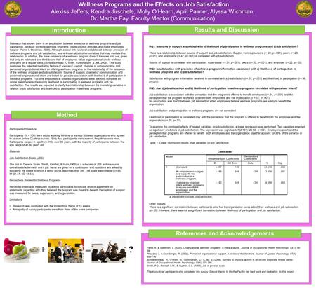 Introduction Wellness Programs and the Effects on Job Satisfaction Alexiss Jeffers, Kendra Jirschele, Molly O’Hearn, April Palmer, Alyssa Wichman, Dr.