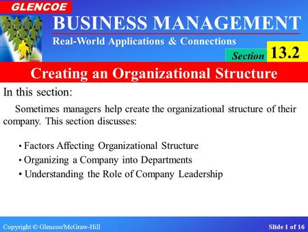 Copyright © Glencoe/McGraw-Hill Slide 1 of 16 BUSINESS MANAGEMENT Real-World Applications & Connections GLENCOE Section 13.2 Creating an Organizational.