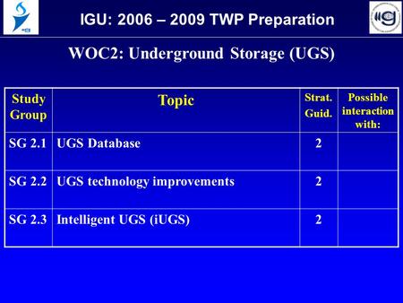 WOC2: Underground Storage (UGS) IGU: 2006 – 2009 TWP Preparation Study Group Topic Strat. Guid. Possible interaction with: SG 2.1UGS Database2 SG 2.2UGS.