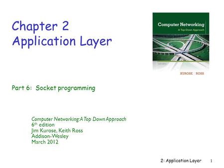 2: Application Layer1 Chapter 2 Application Layer Computer Networking: A Top Down Approach 6 th edition Jim Kurose, Keith Ross Addison-Wesley March 2012.