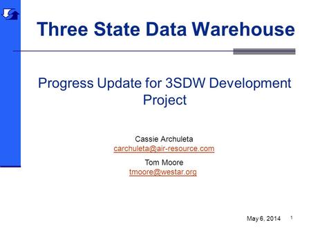 Three State Data Warehouse 1 Cassie Archuleta Tom Moore May 6, 2014 Progress Update for 3SDW Development.