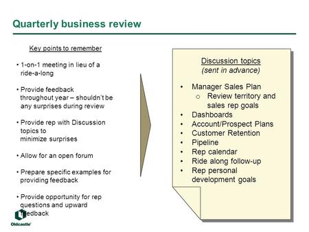 Quarterly business review Key points to remember 1-on-1 meeting in lieu of a ride-a-long Provide feedback throughout year – shouldn’t be any surprises.