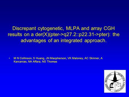 Discrepant cytogenetic, MLPA and array CGH results on a der(X)(pter->q27.2::p22.31->pter): the advantages of an integrated approach. M N Collinson, S Huang,