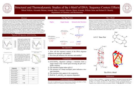 . Structural and Thermodynamic Studies of the i-Motif of DNA: Sequence Context Effects Mikeal McKim, Alexander Buxton, Amanda Metz, Courtney Johnson, Mayra.