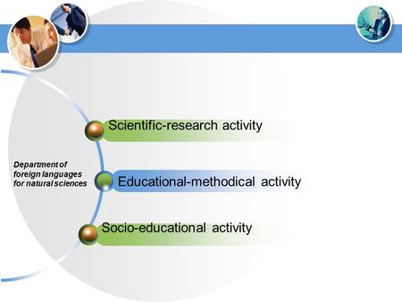 Кафедра Educational-methodical activity Scientific-research activity Socio-educational activity Department of foreign languages for natural sciences.