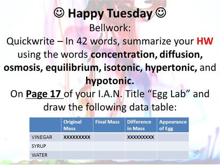 Happy Tuesday Bellwork: Quickwrite – In 42 words, summarize your HW using the words concentration, diffusion, osmosis, equilibrium, isotonic, hypertonic,