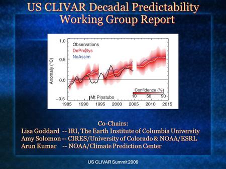 US CLIVAR Summit 2009 US CLIVAR Decadal Predictability Working Group Report Co-Chairs: Lisa Goddard -- IRI, The Earth Institute of Columbia University.