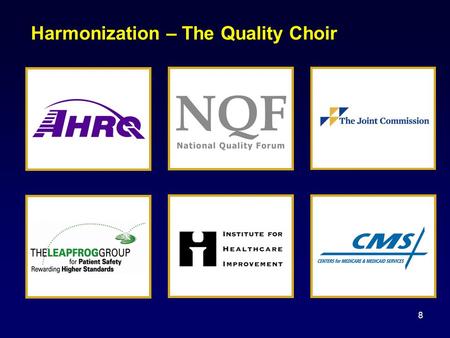 8 Harmonization – The Quality Choir. 2010 NQF Safe Practices for Better Healthcare: A Consensus Report 34 Safe Practices Criteria for Inclusion Specificity.