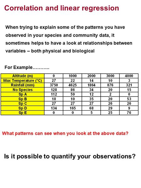 When trying to explain some of the patterns you have observed in your species and community data, it sometimes helps to have a look at relationships between.