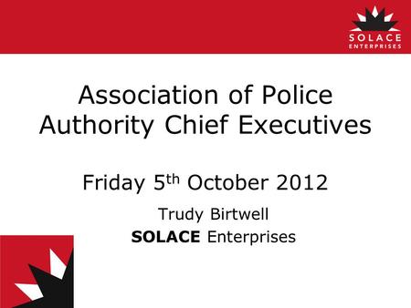 Association of Police Authority Chief Executives Friday 5 th October 2012 Trudy Birtwell SOLACE Enterprises.