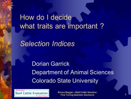 Brown Bagger – Beef Cattle Genetics: Fine Tuning Selection Decisions 1 How do I decide what traits are important ? Selection Indices Dorian Garrick Department.