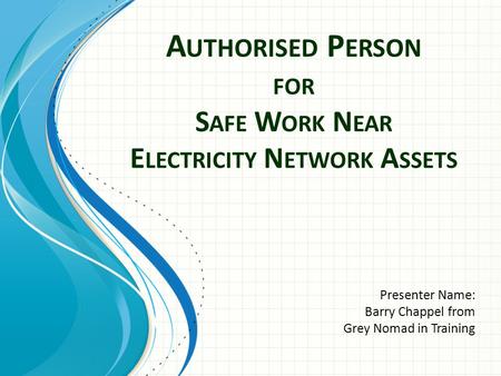 A UTHORISED P ERSON FOR S AFE W ORK N EAR E LECTRICITY N ETWORK A SSETS Presenter Name: Barry Chappel from Grey Nomad in Training.