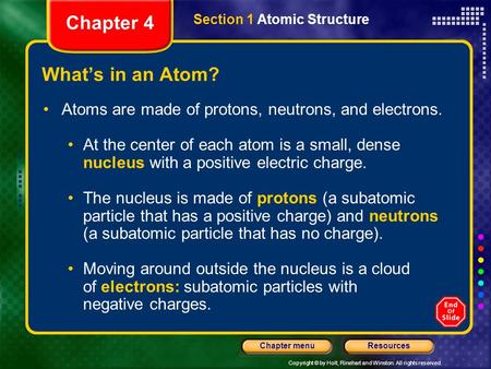 Copyright © by Holt, Rinehart and Winston. All rights reserved. ResourcesChapter menu What’s in an Atom? Atoms are made of protons, neutrons, and electrons.