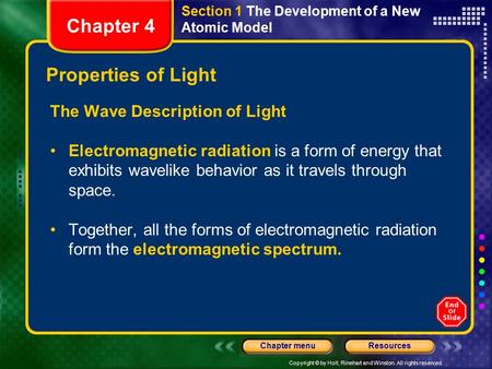 Copyright © by Holt, Rinehart and Winston. All rights reserved. ResourcesChapter menu Section 1 The Development of a New Atomic Model Properties of Light.