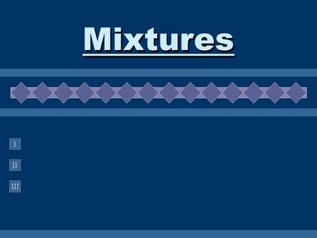 II III I Mixtures. A. Definitions  Mixture = Variable combination of 2 or more pure substances. HeterogeneousHomogeneous.