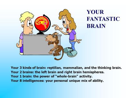 YOUR FANTASTIC BRAIN Your 3 kinds of brain: reptilian, mammalian, and the thinking brain. Your 2 brains: the left brain and right brain hemispheres. Your.