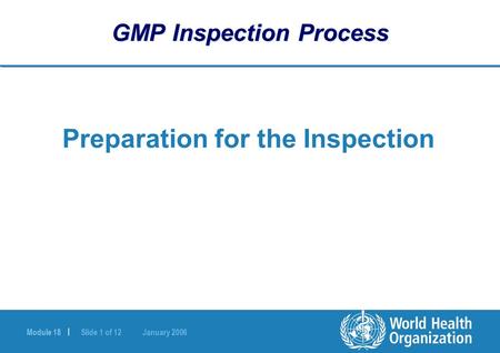 Module 18 | Slide 1 of 12 January 2006 GMP Inspection Process Preparation for the Inspection.