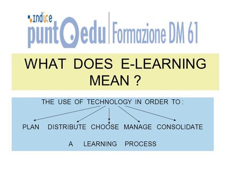 WHAT DOES E-LEARNING MEAN ? THE USE OF TECHNOLOGY IN ORDER TO : PLAN DISTRIBUTE CHOOSE MANAGE CONSOLIDATE A LEARNING PROCESS.