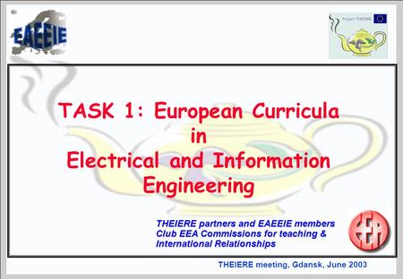 THEIERE meeting, Gdansk, June 2003 THEIERE partners and EAEEIE members Club EEA Commissions for teaching & International Relationships TASK 1: European.