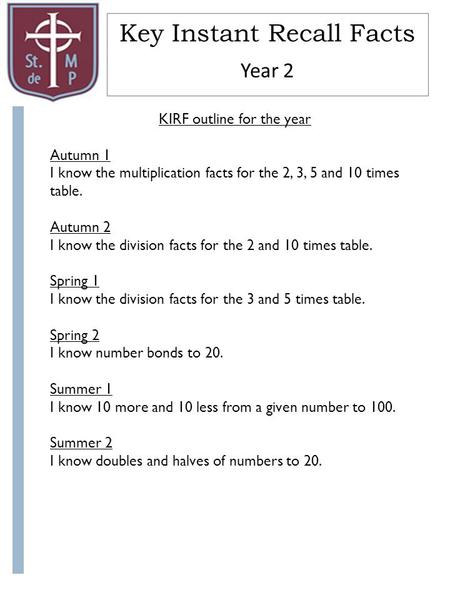 Key Instant Recall Facts By the end of this half term, children should know the following facts. The aim is for them to recall these facts instantly. Year.