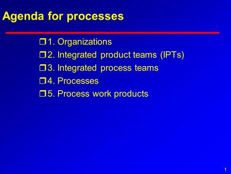 1 Agenda for processes r1. Organizations r2. Integrated product teams (IPTs) r3. Integrated process teams r4. Processes r5. Process work products.