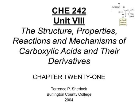 CHE 242 Unit VIII The Structure, Properties, Reactions and Mechanisms of Carboxylic Acids and Their Derivatives CHAPTER TWENTY-ONE Terrence P. Sherlock.