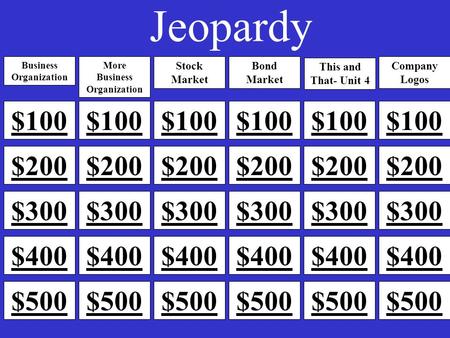 Jeopardy $500 $400 $300 $200 $100 $500 $400 $300 $200 $100 $500 $400 $300 $200 $400 $300 $200 $100 $500 $400 $300 $200 $100 $500 $400 $300 $200 $100 Business.