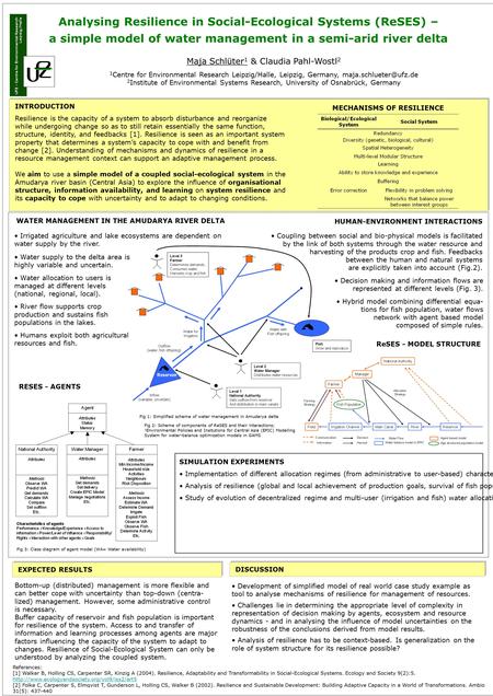 Analysing Resilience in Social-Ecological Systems (ReSES) – a simple model of water management in a semi-arid river delta DISCUSSION References: [1] Walker.