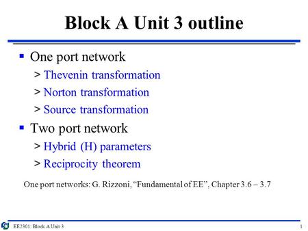 Block A Unit 3 outline One port network Two port network