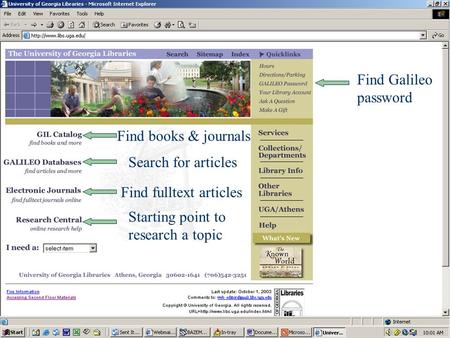 Library Home Page Find books & journals Search for articles Find fulltext articles Starting point to research a topic Find Galileo password.