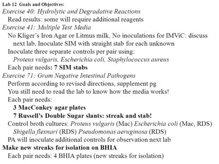 Lab 12 Goals and Objectives: Exercise 40: Hydrolytic and Degradative Reactions Read results: some will require additional reagents Exercise 41: Multiple.