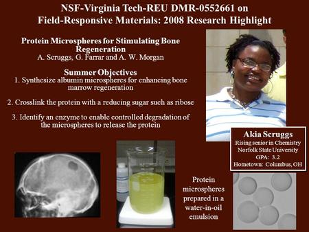 Protein Microspheres for Stimulating Bone Regeneration A. Scruggs, G. Farrar and A. W. Morgan Summer Objectives 1. Synthesize albumin microspheres for.