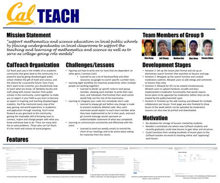 Team Members of Group 9 Jeff ChangMathew Hui Alex KongSteven Chien Alec Hoey Features Ability to search on lesson in the database and facet search results.