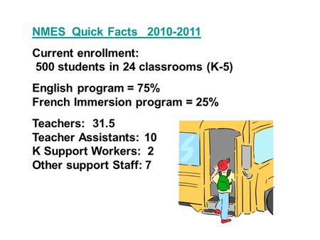 NMES Quick Facts 2010-2011 Current enrollment: 500 students in 24 classrooms (K-5) English program = 75% French Immersion program = 25% Teachers: 31.5.