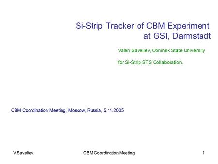 V.SavelievCBM Coordination Meeting1 Valeri Saveliev, Obninsk State University for Si-Strip STS Collaboration. CBM Coordination Meeting, Moscow, Russia,