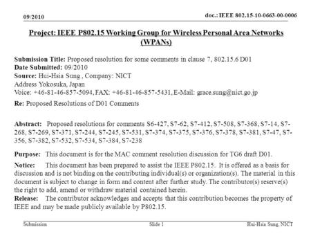 Doc.: IEEE 802.15- Submission 09/2010 Hui-Hsia Sung, NICTSlide 1 Project: IEEE P802.15 Working Group for Wireless Personal Area Networks (WPANs) Submission.