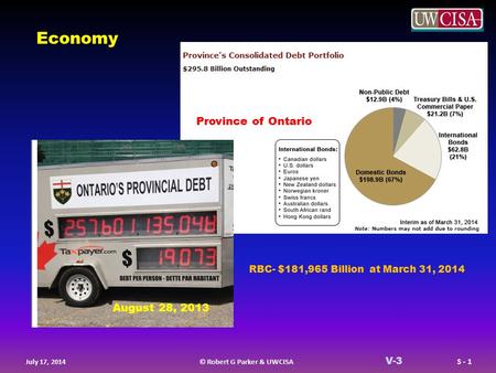 © Robert G Parker & UWCISA S - 1 July 17, 2014 V-3 Economy Province of Ontario August 28, 2013 RBC- $181,965 Billion at March 31, 2014.