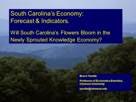 Greenville: An Upward Bound Economy in Transition The transforming economy Incomepatterns natConverging but distinctive South Carolina’s Economy: Forecast.