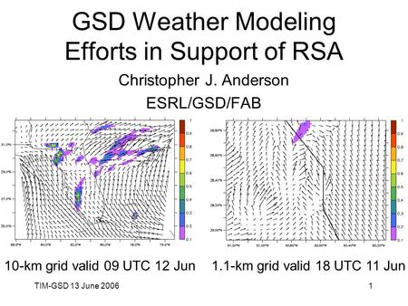 TIM-GSD 13 June 20061 GSD Weather Modeling Efforts in Support of RSA Christopher J. Anderson ESRL/GSD/FAB 10-km grid valid 09 UTC 12 Jun1.1-km grid valid.