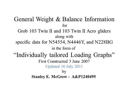 General Weight & Balance Information for Grob 103 Twin II and 103 Twin II Acro gliders along with specific data for N54554, N4446Y, and N228BG in the form.