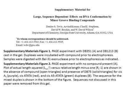 Supplementary Material for Large, Sequence-Dependent Effects on DNA Conformation by Minor Groove Binding Compounds Denise S. Tevis, Arvind Kumar, Chad.