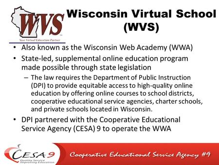 Wisconsin Virtual School (WVS) Also known as the Wisconsin Web Academy (WWA) State-led, supplemental online education program made possible through state.