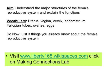 Aim: Understand the major structures of the female reproductive system and explain the functions Vocabulary: Uterus, vagina, cervix, endometrium, Fallopian.