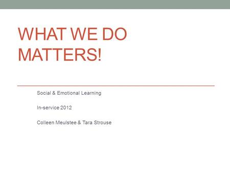 WHAT WE DO MATTERS! Social & Emotional Learning In-service 2012 Colleen Meulstee & Tara Strouse.